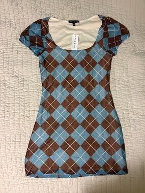 Kendall & Kylie PacSun Blue & Brown Argyle Scoop Neck Tee Dress - Small